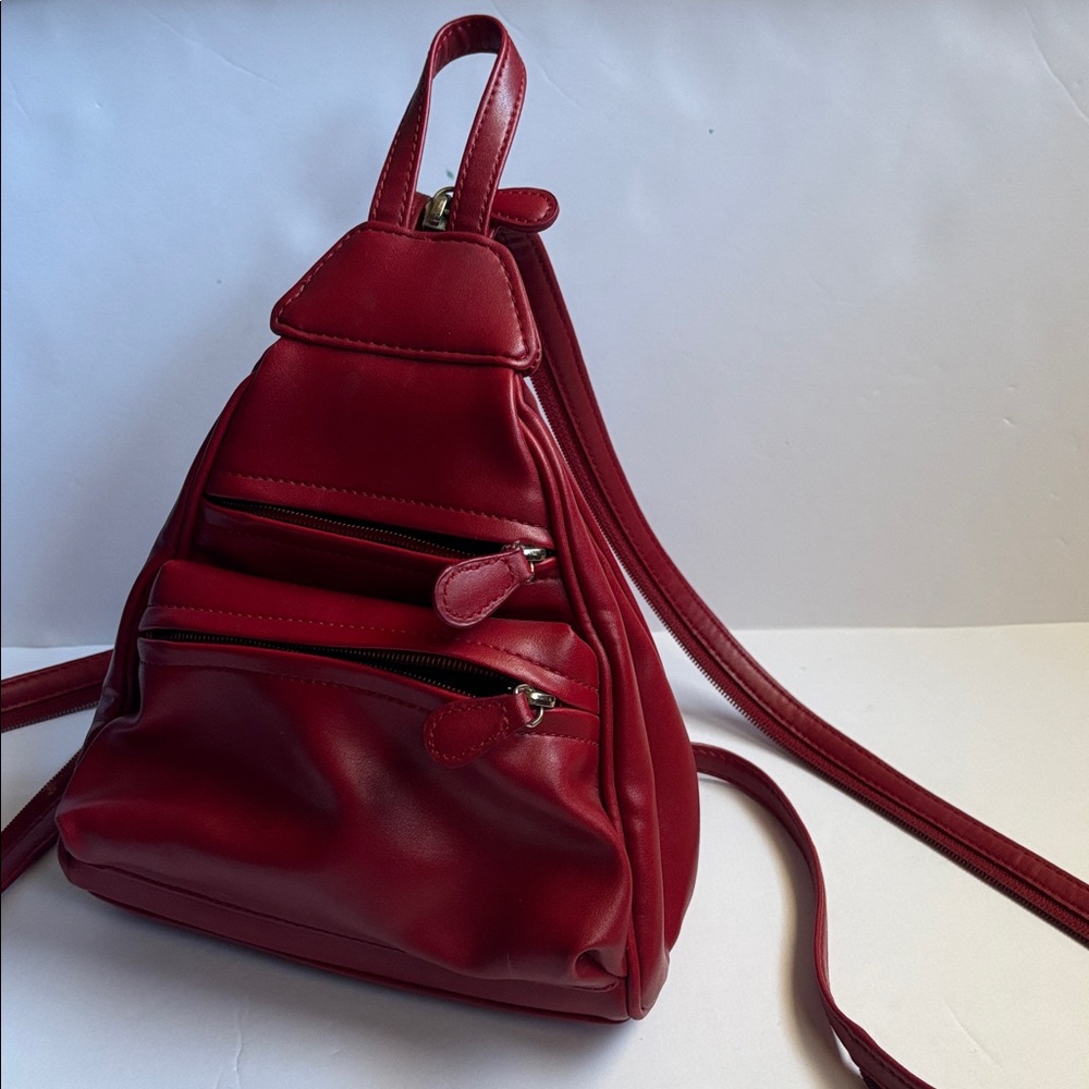 Villager | Red Leather Multi Compartment Mini Backpack Zipper Straps Holiday Bag